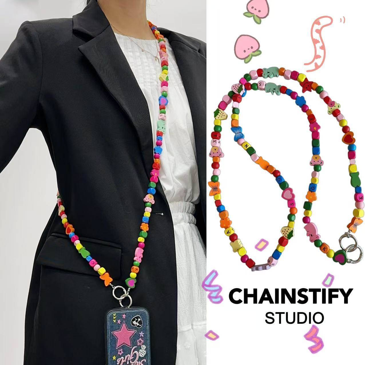 宋茜同款手机链彩色串珠考拉长款手机挂绳ins韩系可爱彩珠长链条