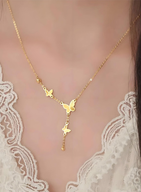 钛钢不褪色金色蝴蝶流苏项链