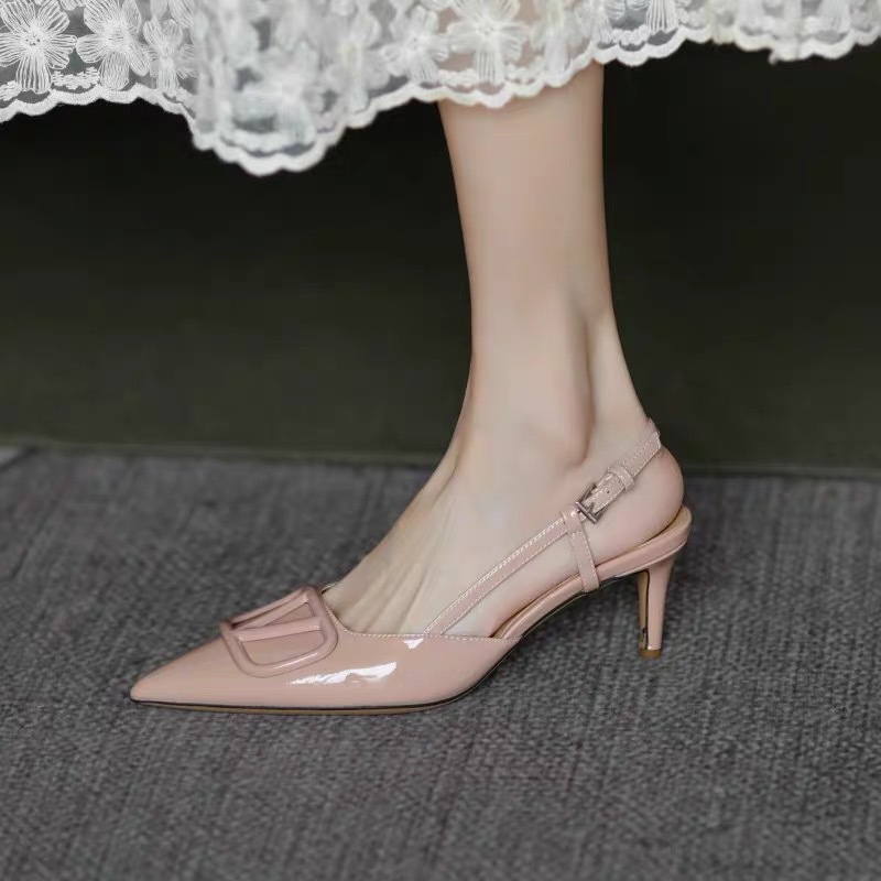 2025裸色高跟鞋女漆皮OL工作鞋气质通勤尖头细跟单鞋包头凉鞋甜美