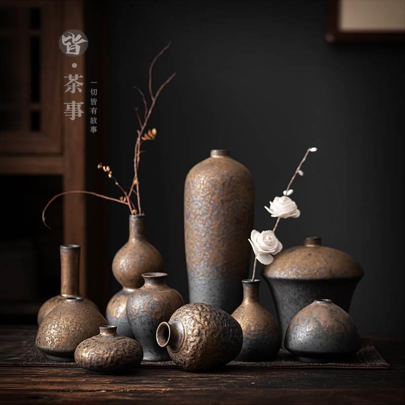 鎏金陶瓷小花瓶中式干花花插水培粗陶花器桌面装饰禅意家居小摆件