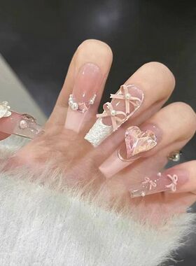 纯手工儿童穿戴甲女童美甲纯手工芭蕾小熊穿戴奶油蝴蝶结高级美甲