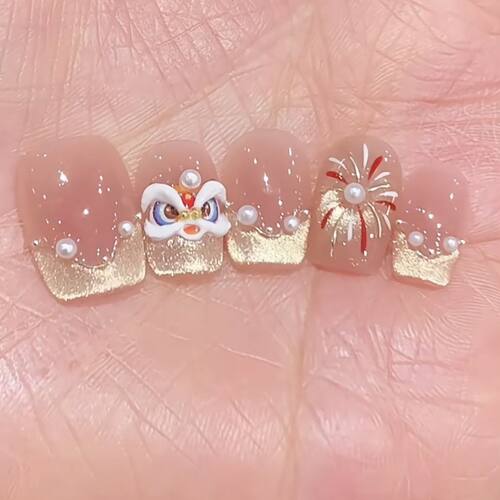 纯手工儿童穿戴甲女童美甲新年烟花醒狮显白年味氛围感ins美甲手
