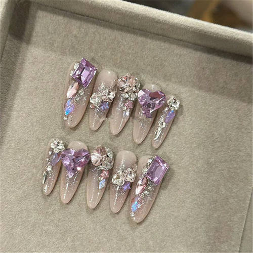 烟紫浪漫满钻纯手工定制美甲穿戴甲新款可拆卸