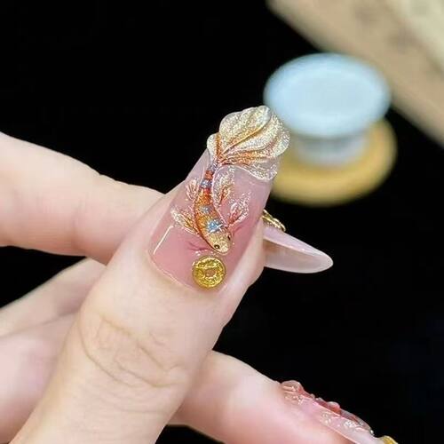 纯手工儿童穿戴甲女童美甲纯手工中国风氛围感锦鲤美甲穿戴甲气质