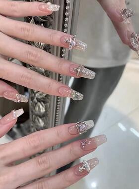 纯手工美甲穿戴甲指甲贴高级重工裸色法式亮片爆闪星球钻四季美甲