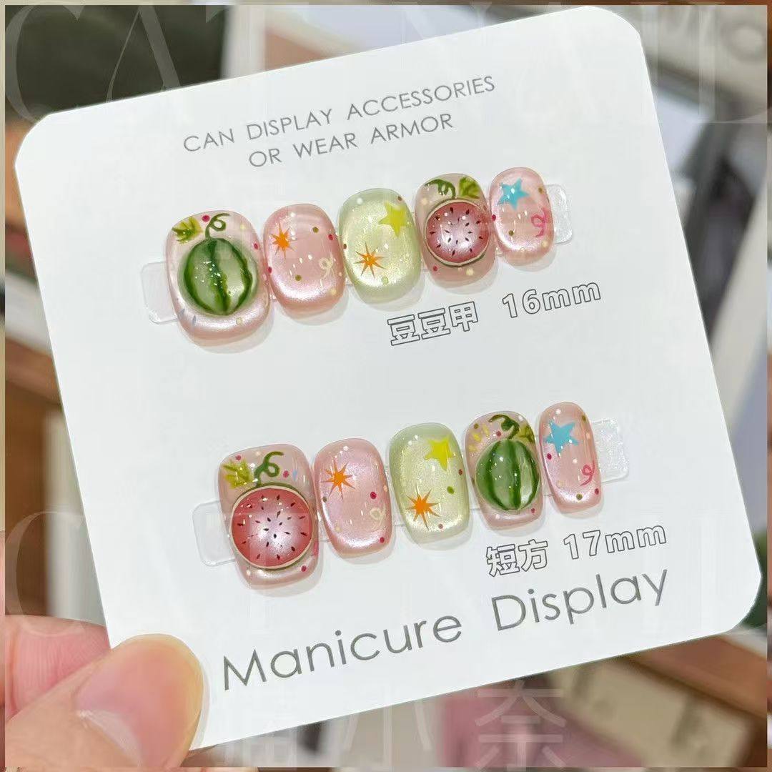 纯手工儿童穿戴甲女童美甲夏季清爽西瓜纯手工穿戴甲学生公主短款,彩妆/香水/美妆工具,美甲工具,淘宝优惠券,粉丝福利购,淘宝优惠卷