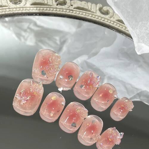纯手工儿童穿戴甲女童美甲纯手工穿戴甲腮红小短款蝴蝶结