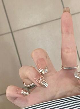 可爱甜美学生美甲甜酷风银色魔镜法式美甲蝴蝶结美甲手工手绘美甲