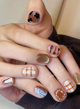 短款手工穿戴甲猫眼手绘涂鸦穿戴短t重工美甲指甲贴成品学生可用