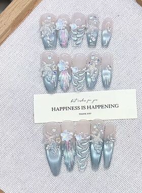 纯手工儿童穿戴甲女童美甲大海秘密纯手工穿戴夏季蓝色高级新款手