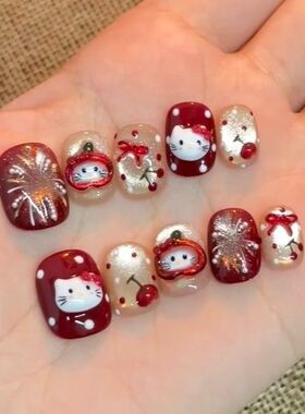 纯手工儿童穿戴甲女童美甲可爱新年红色烟花kitty蝴蝶结波点美甲