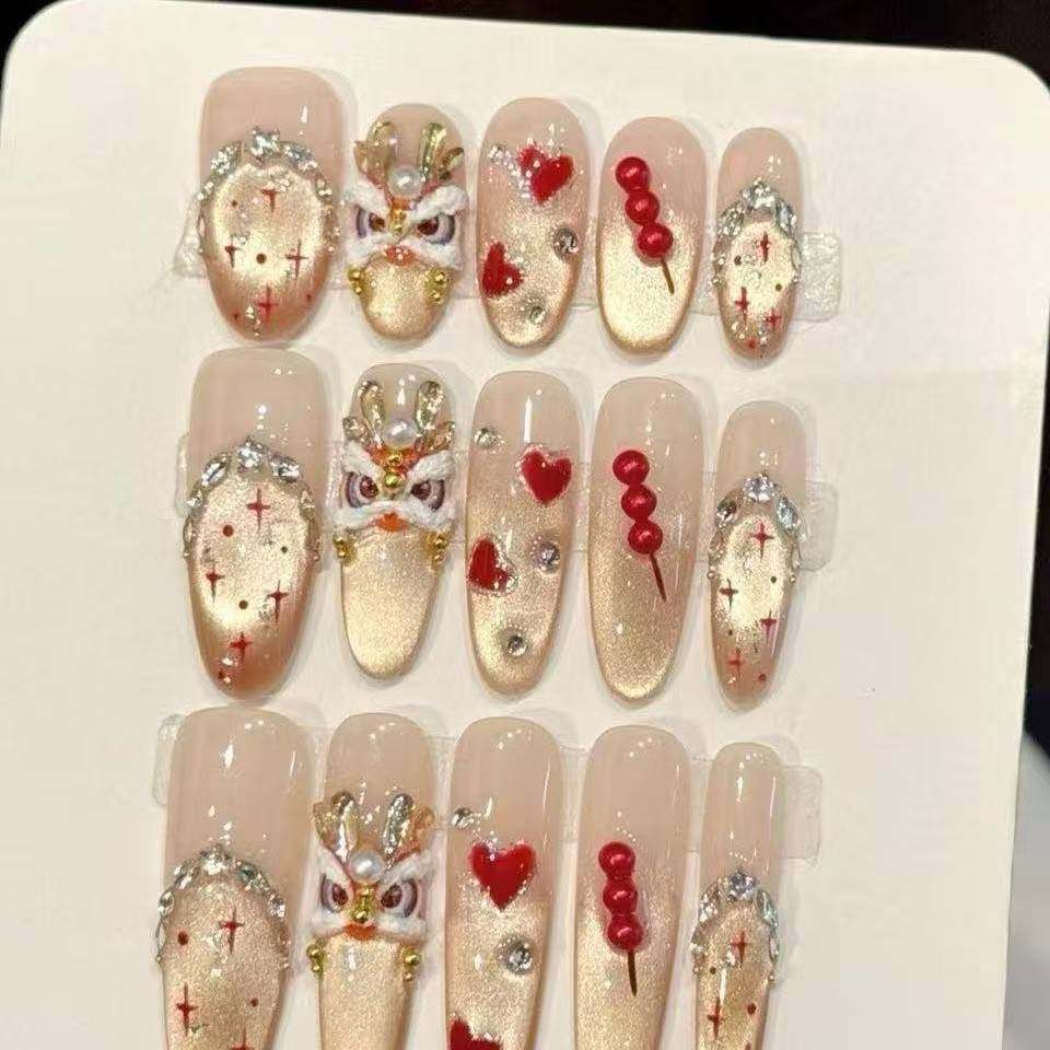 纯手工儿童穿戴甲女童美甲新年美甲爱心糖葫芦浮雕醒狮新款纯手工