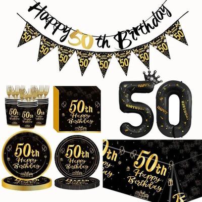 Black Gold Disposable Tableware For 50th Birthday Party Deco