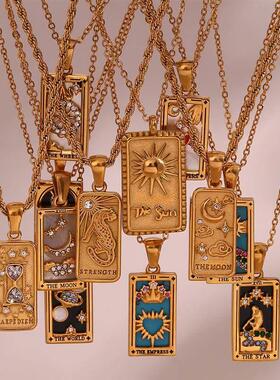 时尚覆古矩形锆石塔罗牌项炼