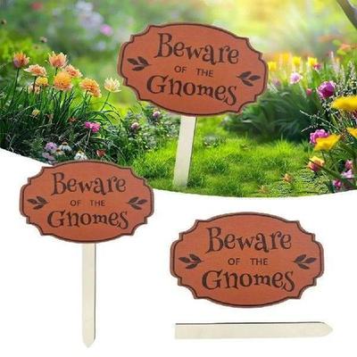 Beware of Gnomes Sign Ground Plug Wooden Handmade Warning