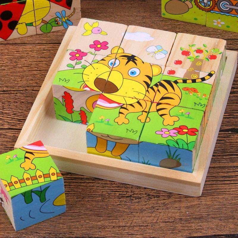 Baby Wooden Blocks Toys Children Six Side Cube Jigsaw Puzzle