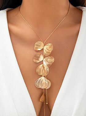 Ginkgo leaf necklace tassel necklace pull collar夸张项链