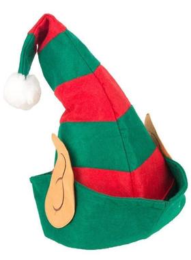 Red Green Striped Hat With White Pom Elf Ears Adults Soft No