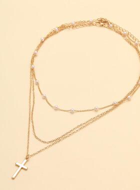 Cross pendant necklace人造珍珠锁骨炼十字吊坠覆古多层叠戴项炼