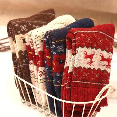 5 Pairs Elk Print Thickened Socks, Comfy & Warm Christmas Mi