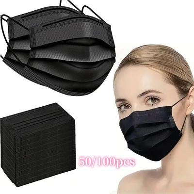 100pcs Black Disposable Face Masks 3-Layer Breathable Anti-D