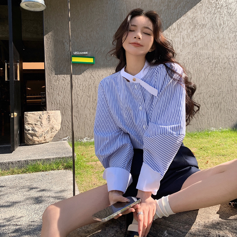 2023新款设计感小众蓝色条纹衬衫上衣女装独特别致小衫衬衣春秋款