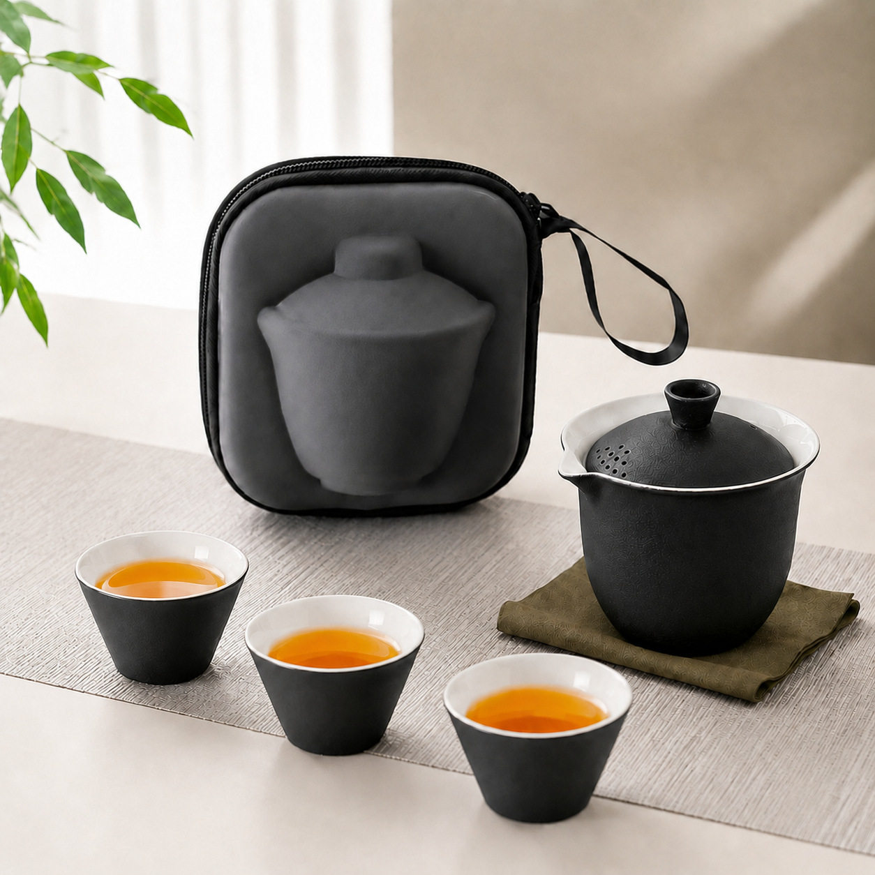 黑陶路宝旅行茶具套装快客杯便携露营户外泡茶壶盖碗一壶三杯礼品