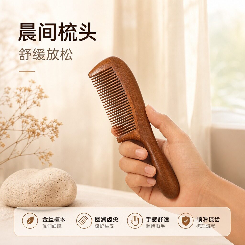 金丝檀木梳子家用长柄美发梳圆润齿尖顺发鼓柄加厚按摩头皮护发梳