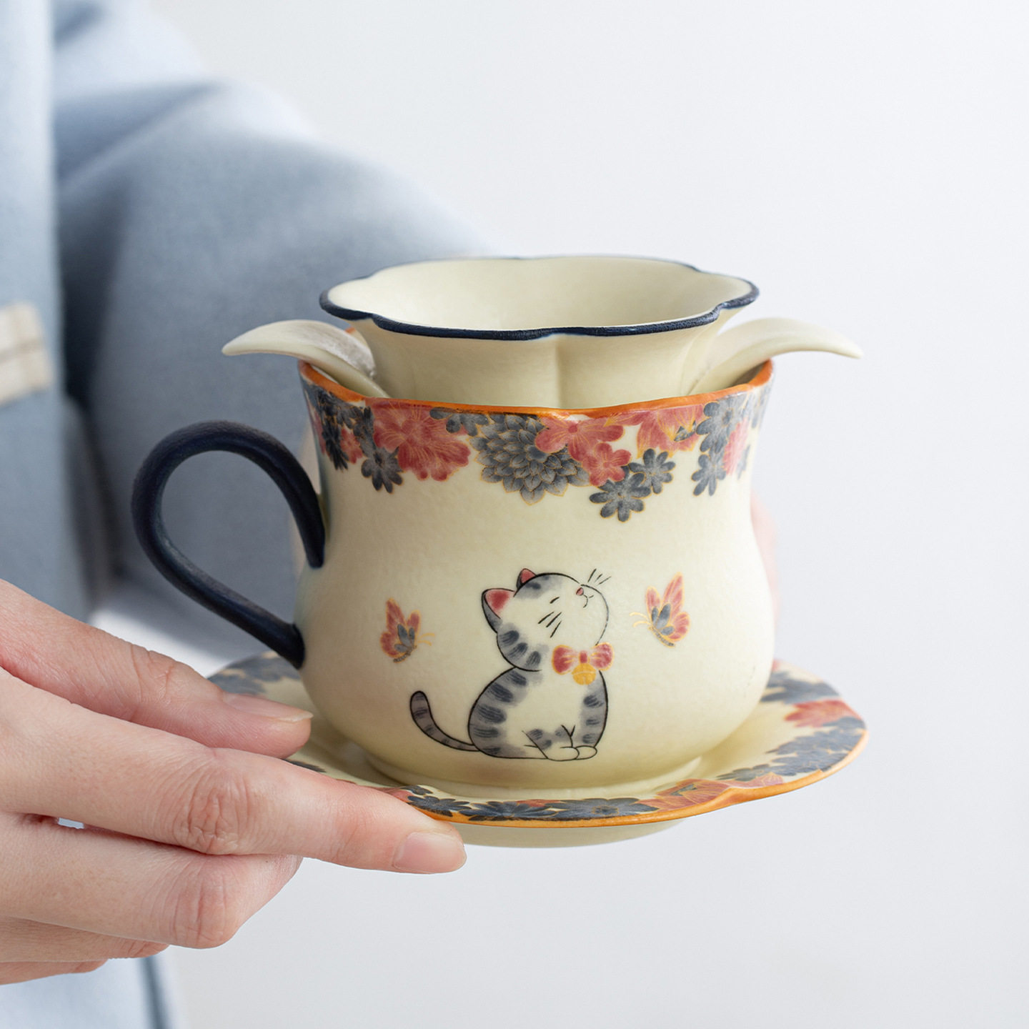 繁猫陶瓷马克杯家用办公室可爱女士个人带过滤茶水分离泡茶杯