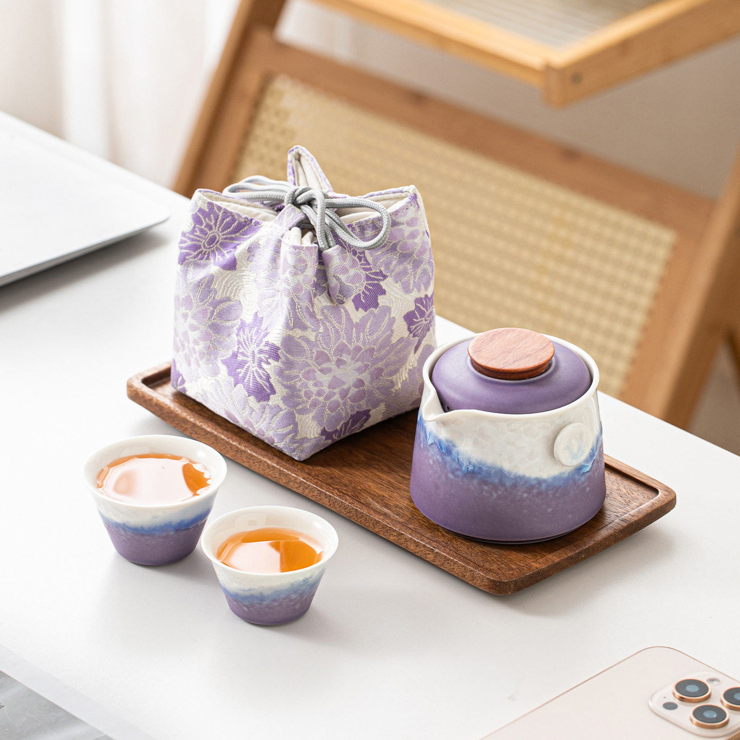 窑变结晶釉便携式旅行茶具户外泡茶壶茶杯女士露营快客杯一壶二杯