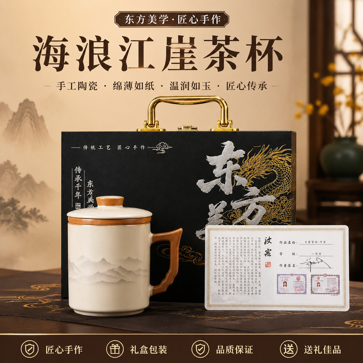 国潮汝窑远山茶杯带盖个人杯办公杯水杯三件套陶瓷商务礼品伴手礼