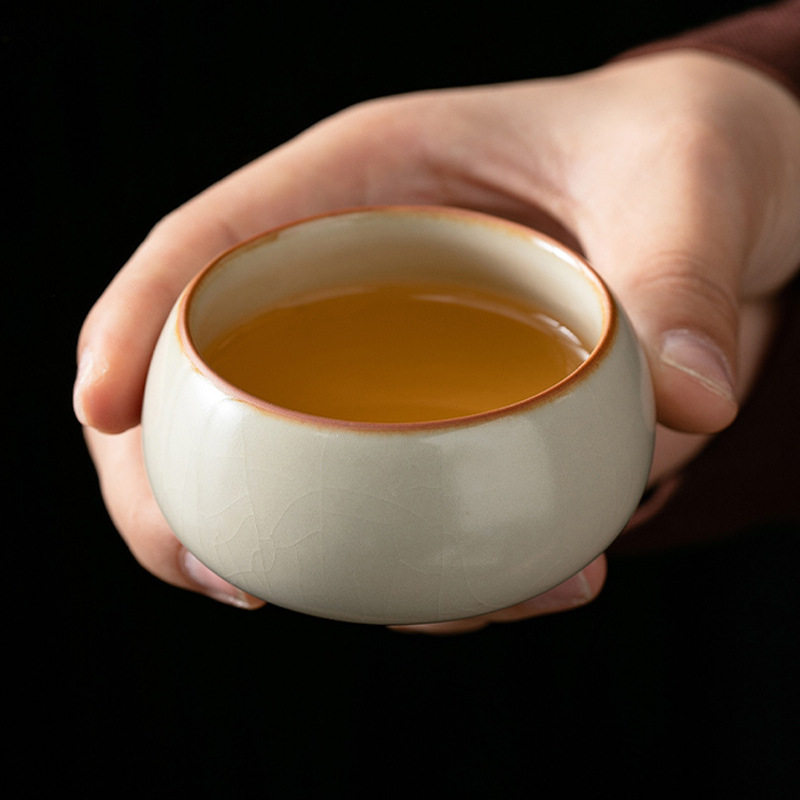 米黄汝窑主人杯陶瓷单个人小茶杯小号家用茶碗开片可养品茗杯
