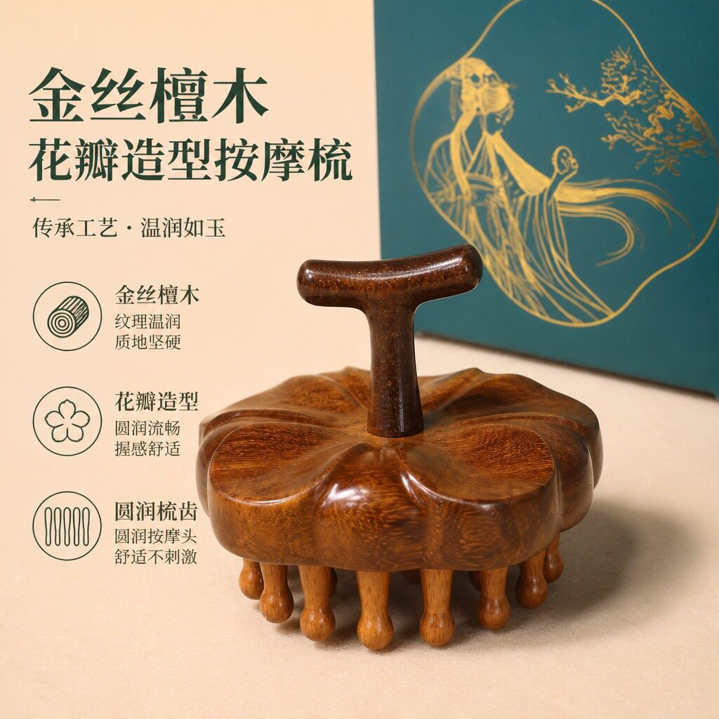 金丝檀木花瓣树枝按摩梳头部头皮经络梳全身穴位疏通刮痧头疗梳子