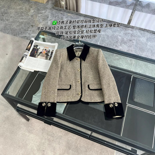 高端翻领灰色小香风上衣女冬季 丝绒拼接加厚羊毛呢外套 2024新款