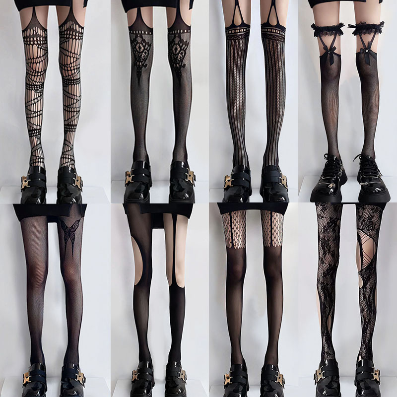 性感辣妹jk长高筒过膝袜子女y2k黑丝吊带袜破洞连裤渔网袜潮薄款