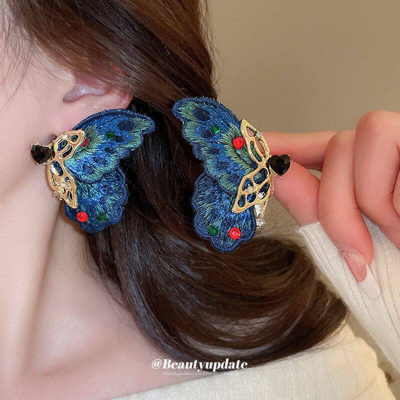 耳钉高级感银针耳环氛围个性感不镶钻对称蝴蝶耳饰彩色编织女唯美