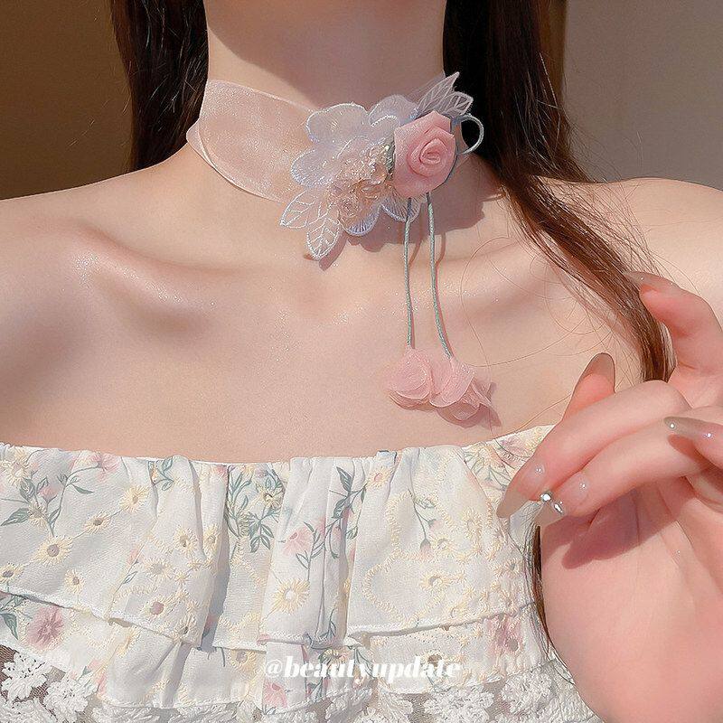 甜美百搭布艺锁骨清新项链气质choker网纱时尚带雪纺花丝链女超仙