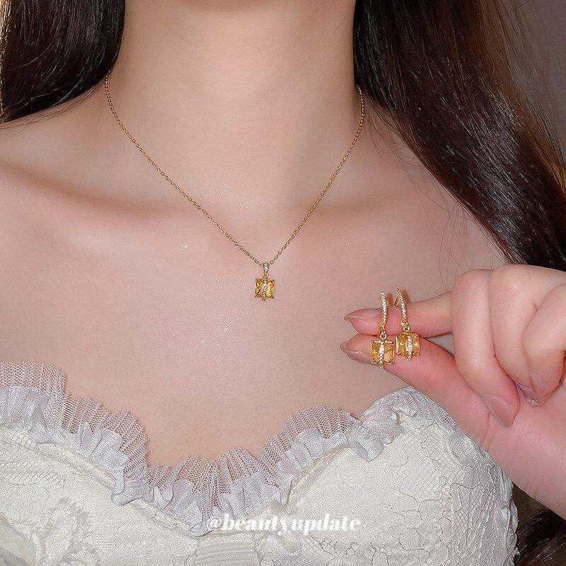 女优雅饰品吊坠轻奢耳环项链首饰方形气质复古法式套装锆石高级感