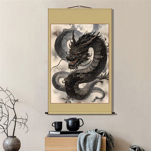 极速黑龙画像祥龙云海挂画供奉装饰画玄关书房走廊背景Z墙装裱卷