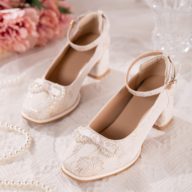 极速粗跟高跟鞋女浅色白月光温柔风旗袍鞋子女配裙子法.式方头玛