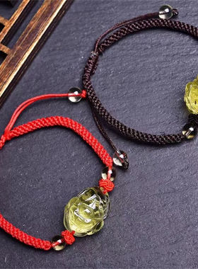 极速光语b天然黄水晶金蟾手錬红绳手编男女情侣款棕绳款