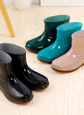 极速上塑35f08短筒雨鞋女水鞋低筒PVC牛筋厚底加绒纯色工作鞋雨靴