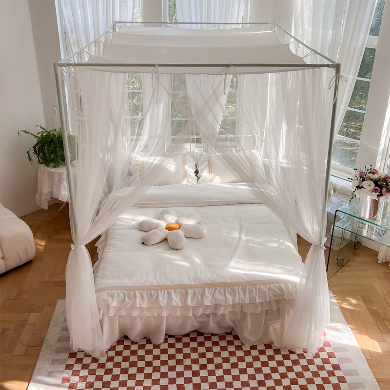 极速家用带防尘顶支架落地式蚊帐B加密白色公主风三开门宫廷帐纱