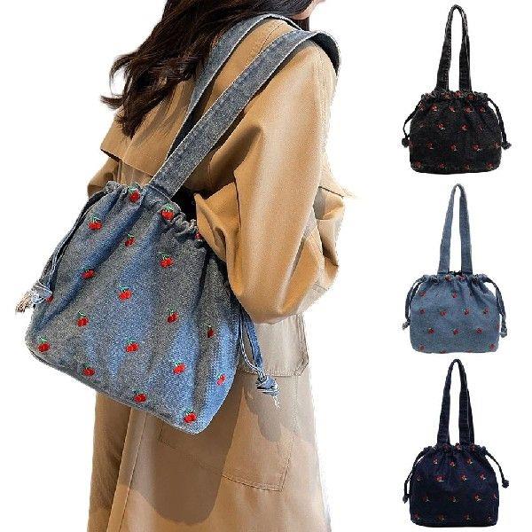 Women Denim Underarm Bag Embroidered Cherry Handbag