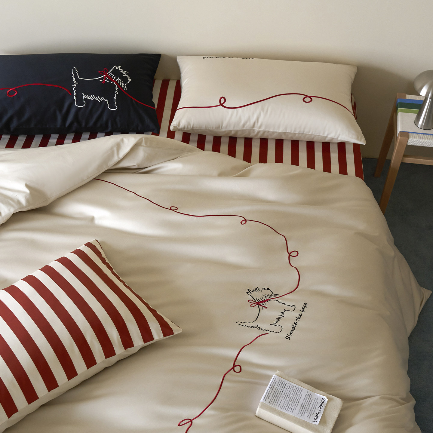 100长绒棉床上四件套可爱小狗全棉缎纹满绣被套床单送人礼物家居