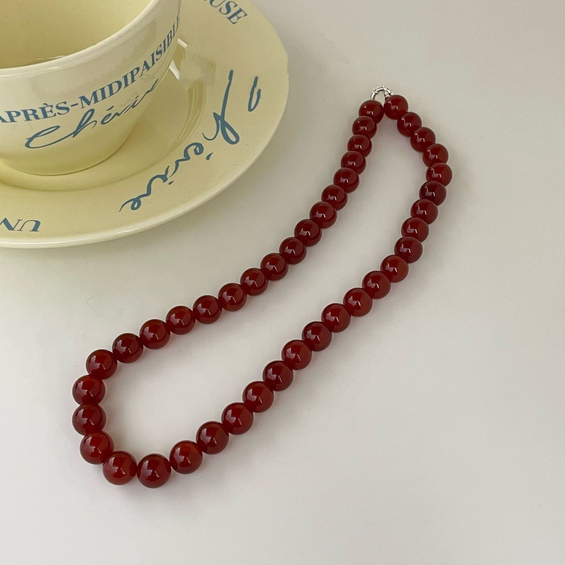 mapuce s925纯银7A级高品质天然深红玛瑙串珠项链复古红锁骨链女