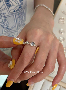 韩国博主同款s925通体银超闪方钻球球ins时尚独特简约开口戒指