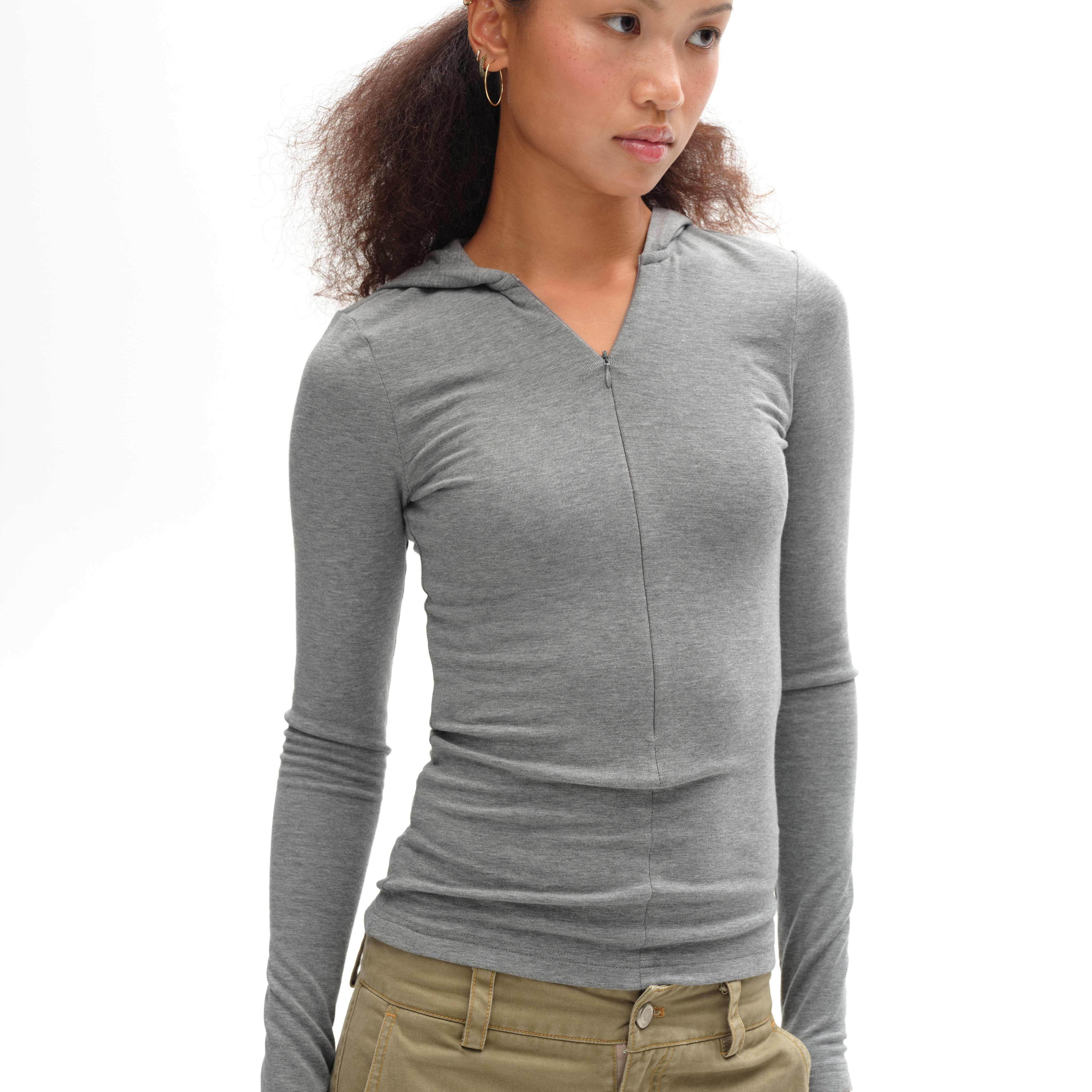 oinimi V领连帽可调节修身打底 加绒显瘦连帽上衣 羊羹色花灰色