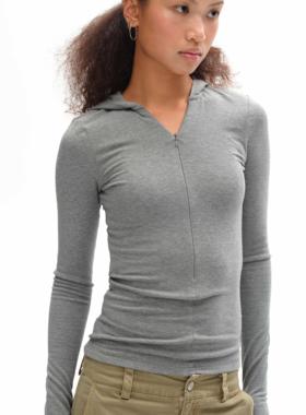 oinimi V领连帽可调节修身打底 加绒显瘦连帽上衣 羊羹色花灰色