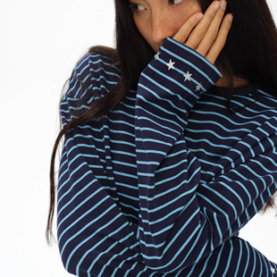 慵懒宽松通勤长袖 口tee T恤 海洋蓝条纹星星袖 oinimi